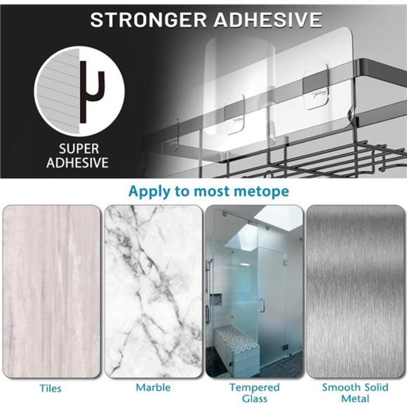 Shower Caddy Shelf Organizer Rack, Self Adhesive Black Bathroom Shelves, Home - Picture 6 of 8